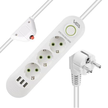3'lü 3 USB'li 1.5 Metre Akım Korumalı Priz Beyaz